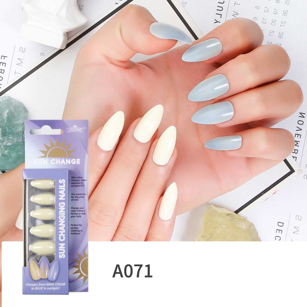 Almond shaped Magic Photochromic Press On Nails Color changing from cream to blue