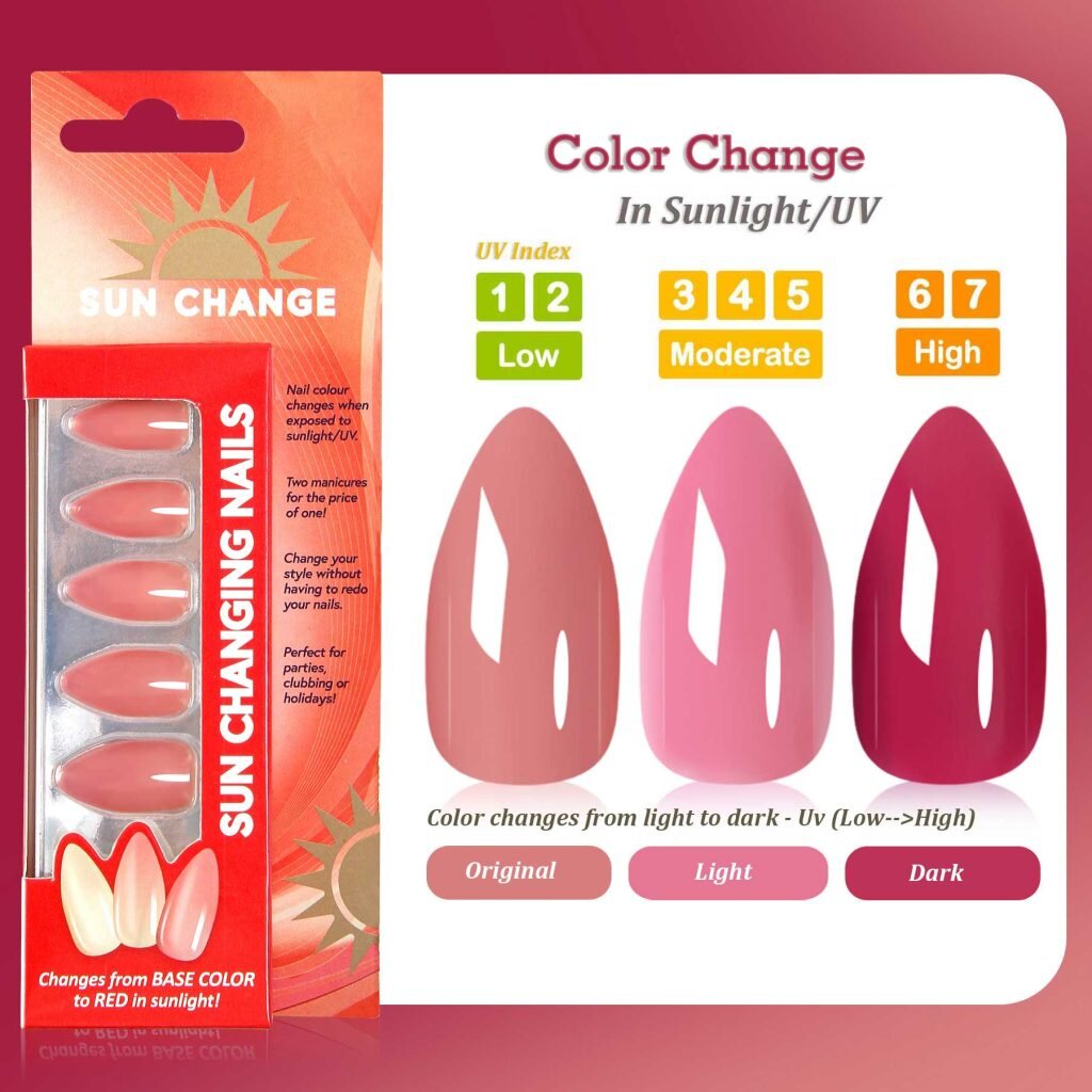 Color Changing Press On Nails Short Almond Light Red to Dark Red A070-E553