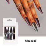 Long Coffin Press On Nails with 1 Cuticle Stick,1 Nail File,3 PCS Stickers colors - brown, Neon,Glitter