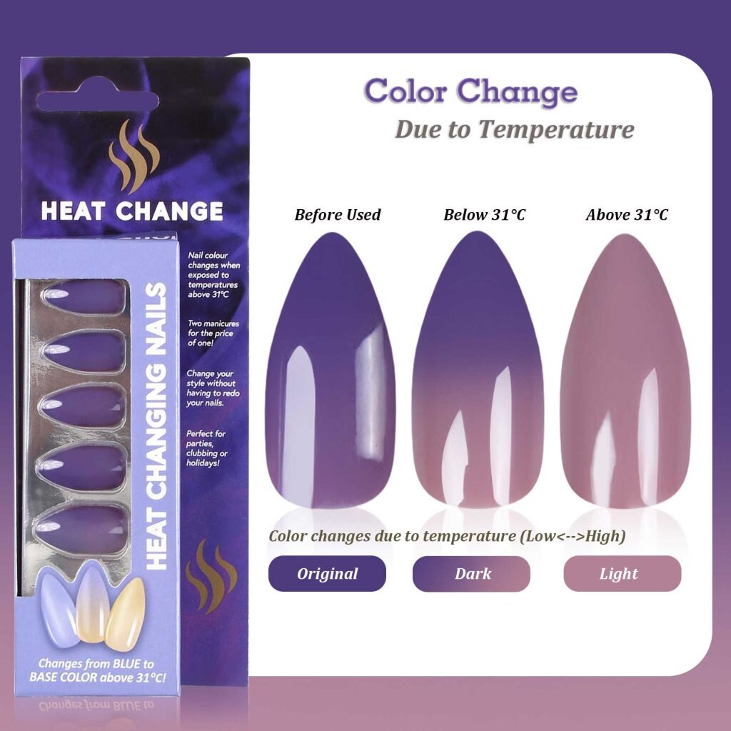 Magic Color Changing Almond shaped press on nails Triggered by Temperature Lilac Purple A074