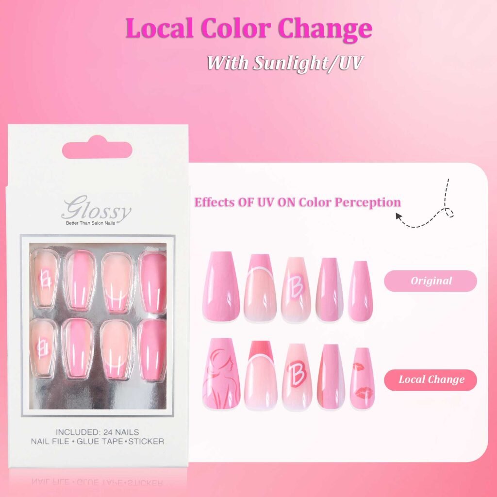 Magic Local Color Changing Medium Ballerina shaped Press On Nails Effects OF UV ON Color Perception women lip pink 2B002