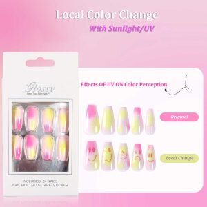 Magic Local Color Changing in the sun Medium Coffin shaped Press On Nails Effects OF UV ON Color Perception big smiles 2B003