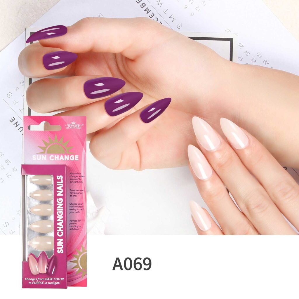 Sun change Magic Press On Nail Color Changing from nude to purple