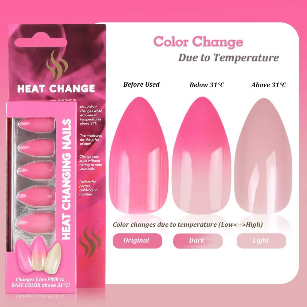 color changing press on nails Almond shaped heat sensitive from Barbie Pink to Light Red A076