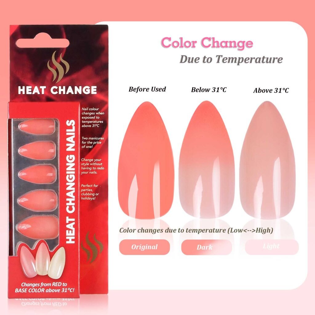 heat color changing press on nails Coral Red to Light Red A073