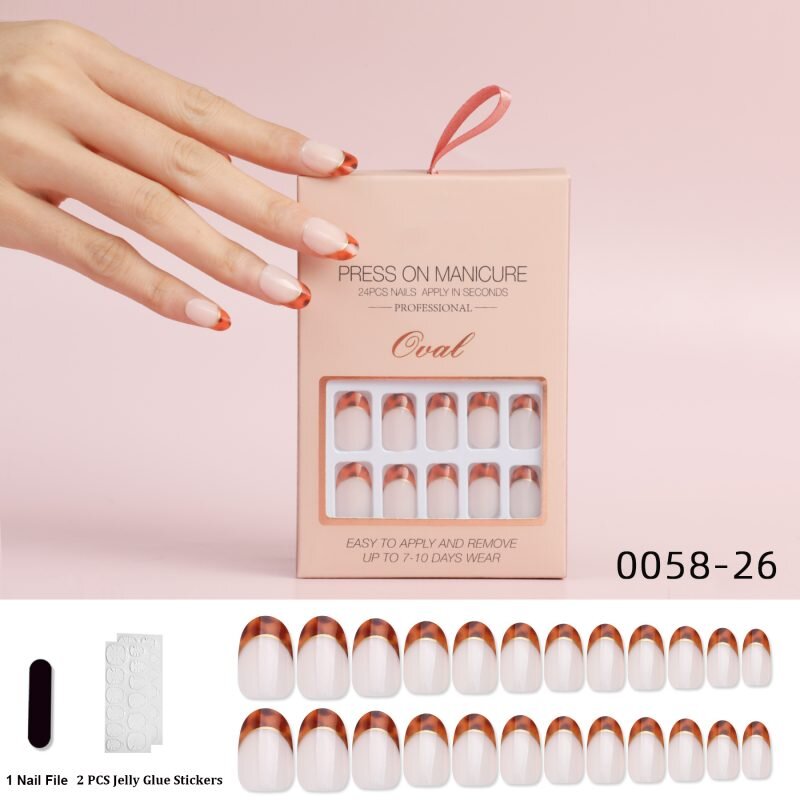 24 Pcs Brown French Tip Almond Press on Nails Short Acrylic Nails Round Head